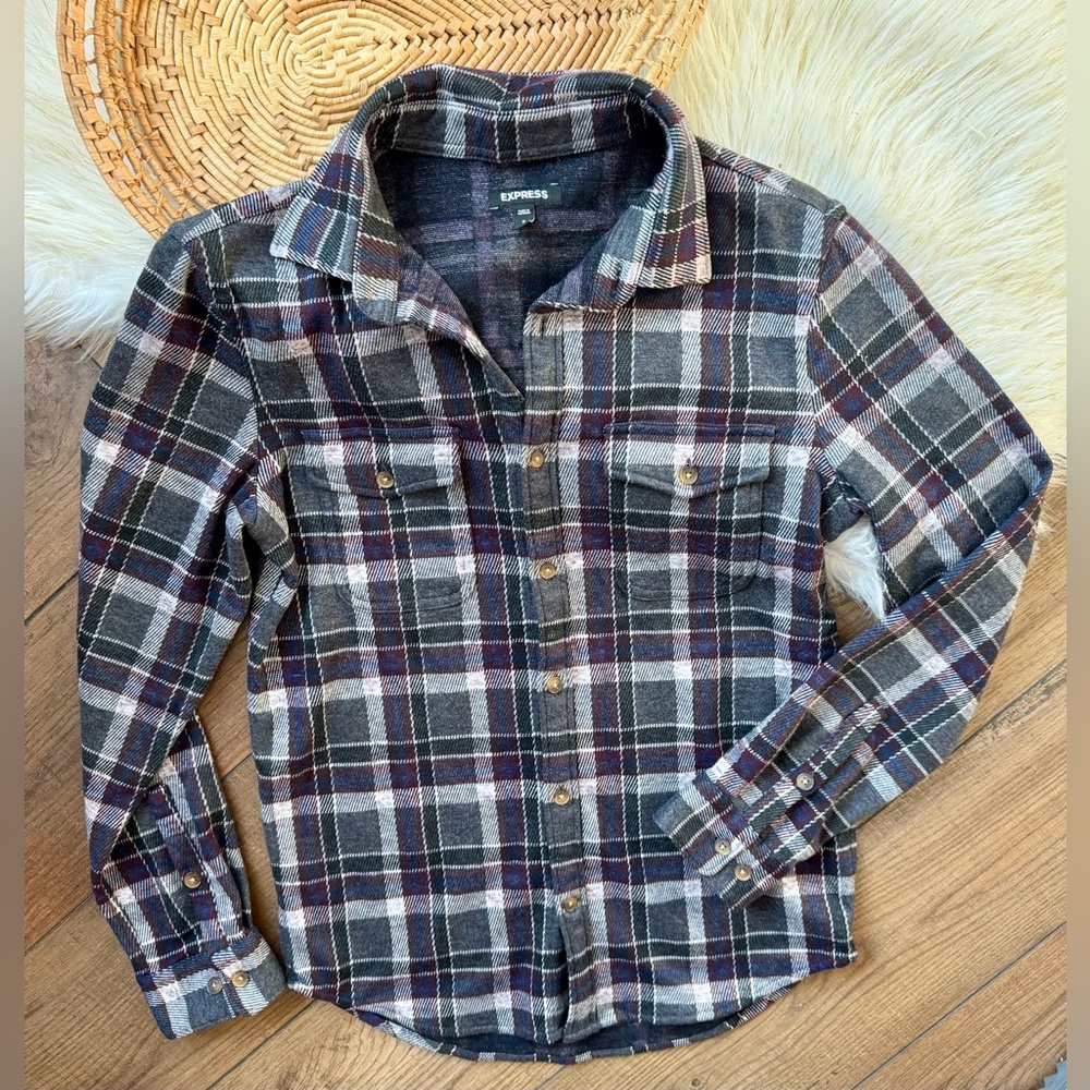 Express Gray Purple Plaid Flannel Button Down Shirt Size Small